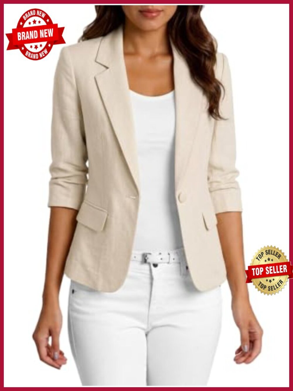 Linen Blend 3/4 Sleeve Tailored Blazer Lightweight Slim Fit Jacket